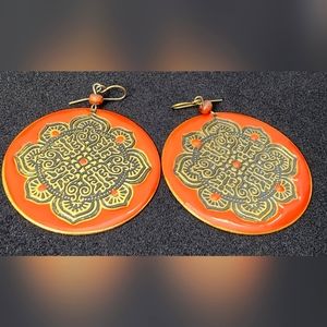 2" Round Metal Flower Design Orange Brass Backing Hook Medallion Earrings